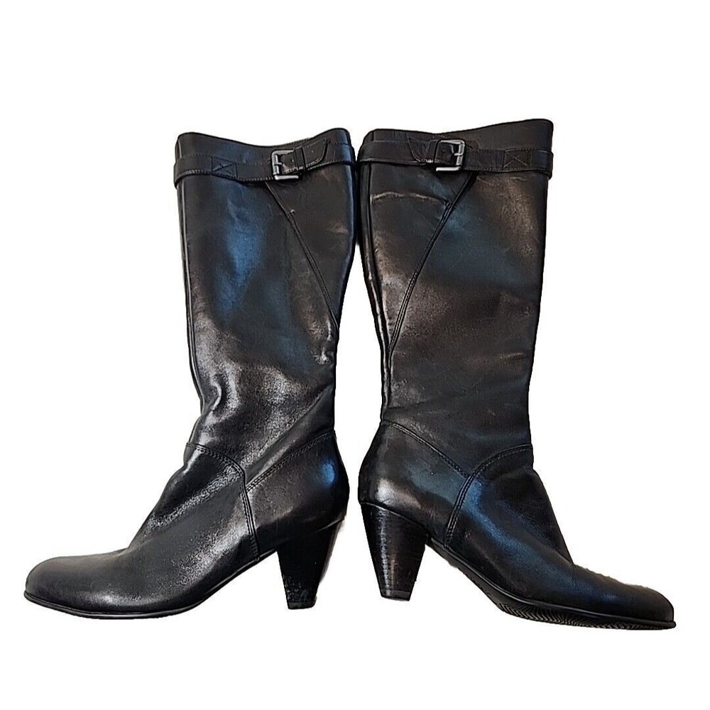 Ecco Black Leather Buckle Strap Tall Boots Knee High Equestrian Womens Size 6